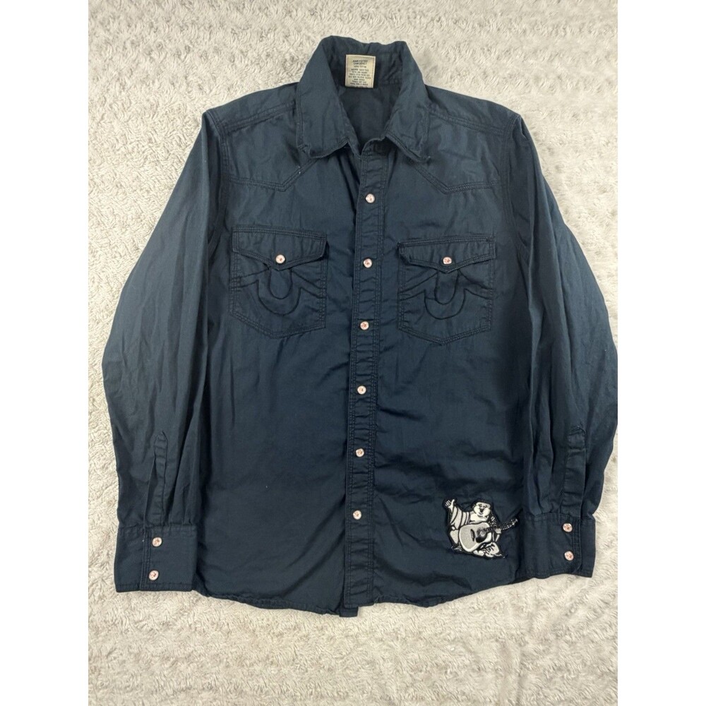 True Religion Men's Black Cotton Button-Up Shirt Buddha Embroidered M